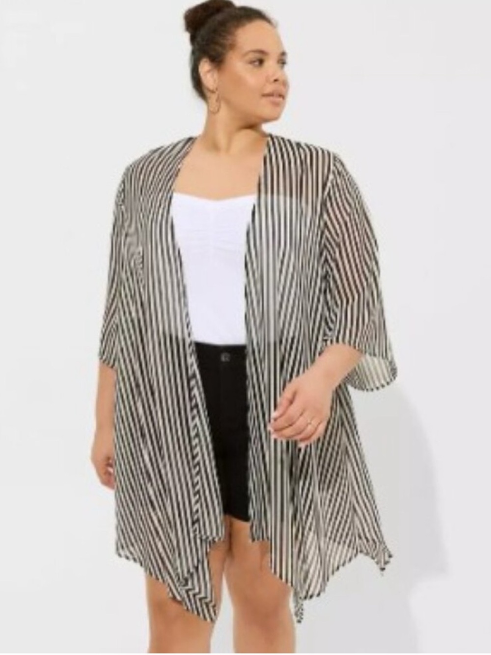 torrid Black and White Striped Sheer Swim Cover-Up Kimono NWOT